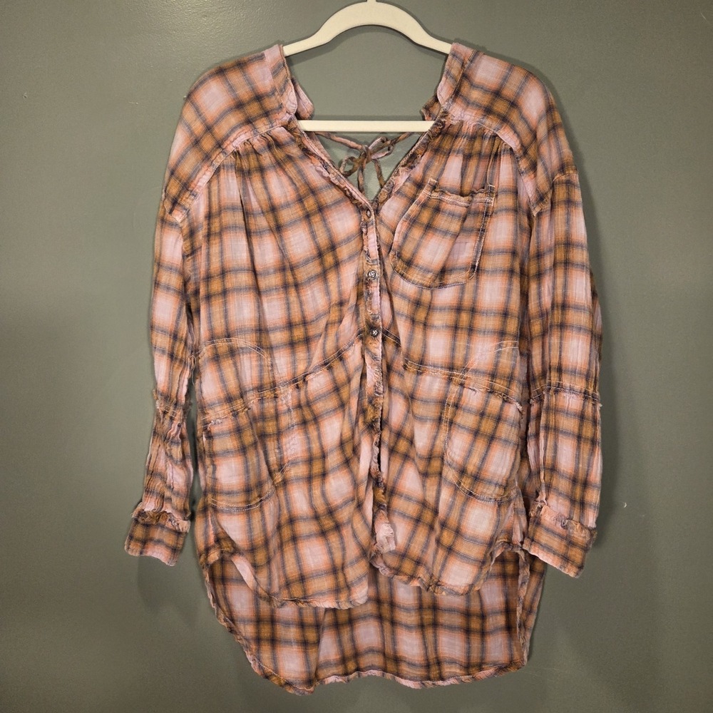 We The Free One Of The‎ Boys Plaid Tunic Top Oversized Button Up Shirt, Size M
